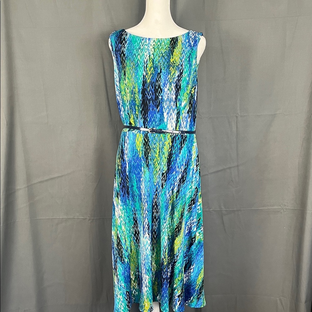 Kasper Vibrant Blue and Green Midi Dress with Narrow Belt